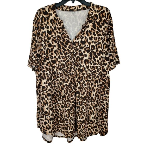 Boutique Plus Size 22W Leopard Print Buttoned Short Sleeve Tunic Top Blouse - Picture 1 of 8